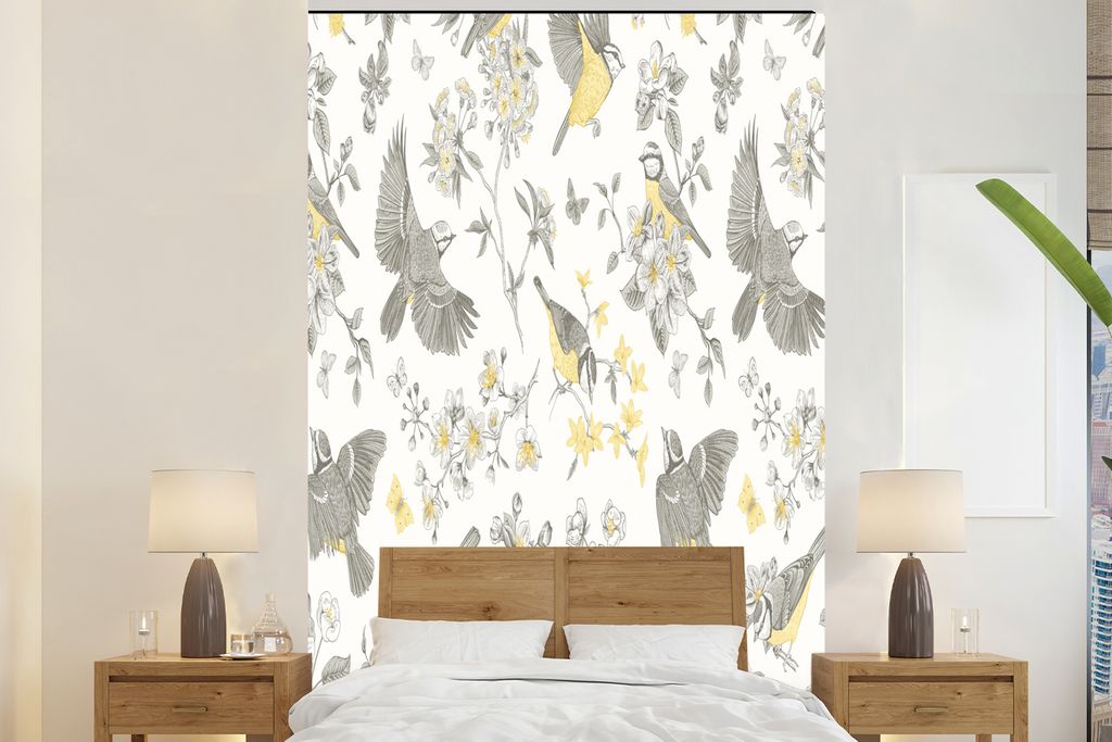 MuchoWow Fototapete für Wohnzimmer oder Schlafzimmer Wandtapete Vinyl Motivtapete Blumen - Vogel - Blätter - 195x300 cm - Das Hintergrundbild
