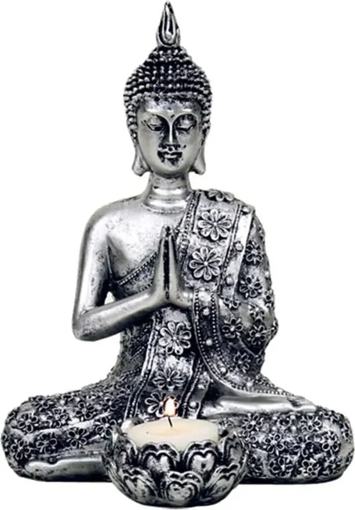 Déco Zen : Bouddha Argent avec Bougeoir pour Méditation et Yoga