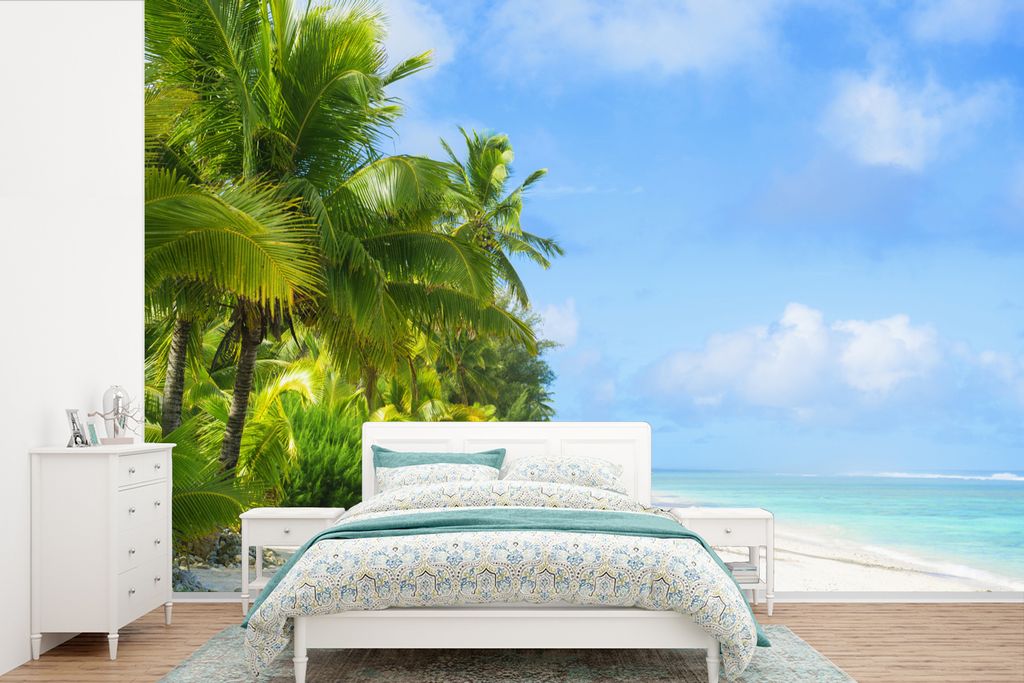 MuchoWow Fototapete für Wohnzimmer oder Schlafzimmer Wandtapete Vinyl Motivtapete Palme - Tropisch - Insel - 360x240 cm - Vinyl-Tapete