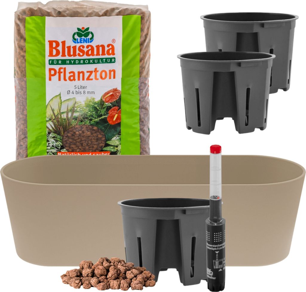 Leni Flori Jardiniere Blumentopf länglich 36 cm beige - braun Hydrokultur-Komplett-Set mit Übertopf Hydro-Töpfen Wasserstandsanzeiger & Pflanzton