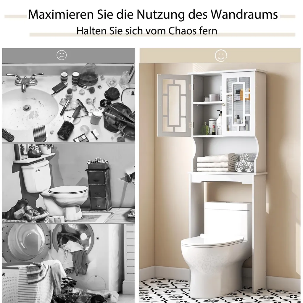 COSTWAY Mobiletto da toilette a libera installazione, scaffale da bagno, mobiletto per lavatrice, scaffale da toilette, scaffale per WC, mobiletto per WC, soprapensile, scaffale per lavatrice con 3 ripiani, bianco - 10