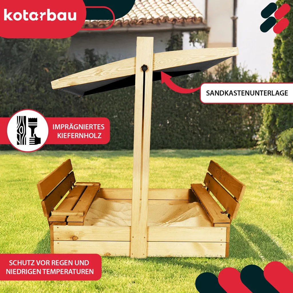 KOTARBAU® Sabbiera con copertura 100 x 100 cm Grande sabbiera in legno di colore naturale con tetto grigio sabbiera con copertura sabbiera con tetto giocattolo da giardino per bambini impregnata chiudibile a chiave con panchine - 2