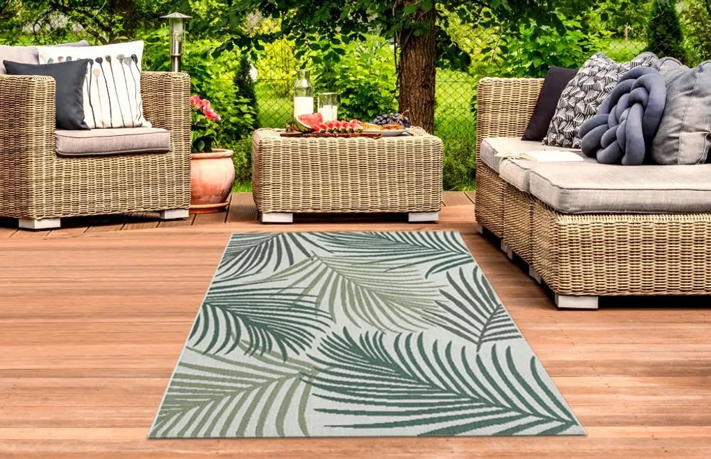 Tapis en sisal motif palmiers crème et vert pour terrasse - 140x200 cm
