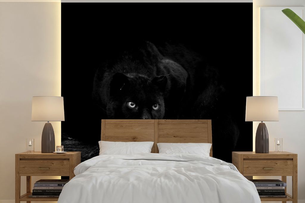 MuchoWow Fototapete für Wohnzimmer oder Schlafzimmer Wandtapete Vinyl Motivtapete Panther - Kofferraum - Schwarz - Weiß - 220x220 cm - Tapeten