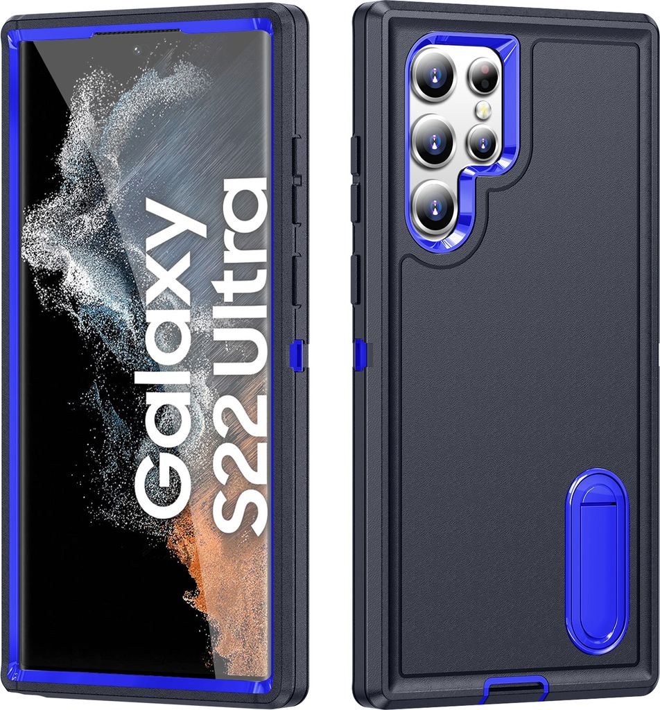 Hülle für Samsung Galaxy S22 Ultra 5G Hybrid Dreilagige Robust Stoßfest Schwerlast Schutzhülle mit Ständer Dunkelblau