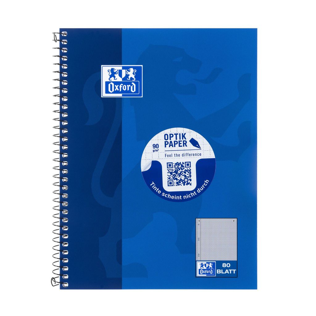 A blue spiral-bound notebook with branding and product information.