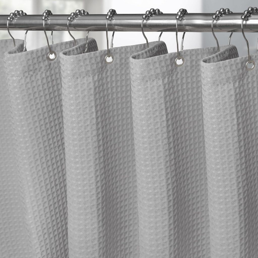 Duschvorhang mit Waffelstruktur und Metallringen, Textil-Badevorhang, schimmelresistentes Badezimmer-Vorhangset, wasserdichter und besonders robust...