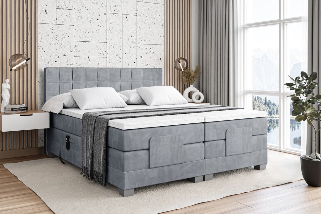 ALTDECOR Boxspringbett elektrisch verstellbar mit 2 Matratzen H3/Bonell- und H4/Taschenfederung + Topper (4 cm hoch), Polsterbett mit Kopfteil OSTO...