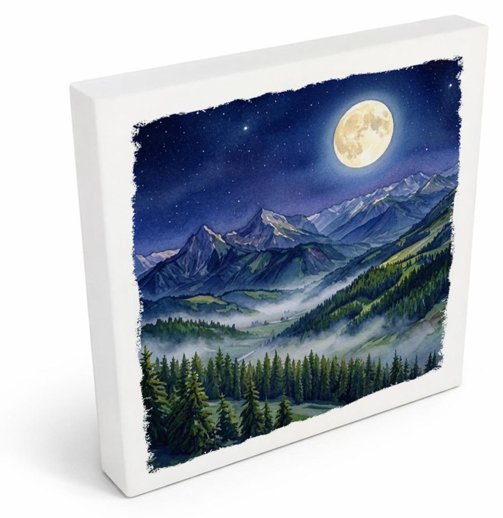 Bergidylle Berglandschaft bei Nacht Holzbild in 10x10 cm zum Stellen oder