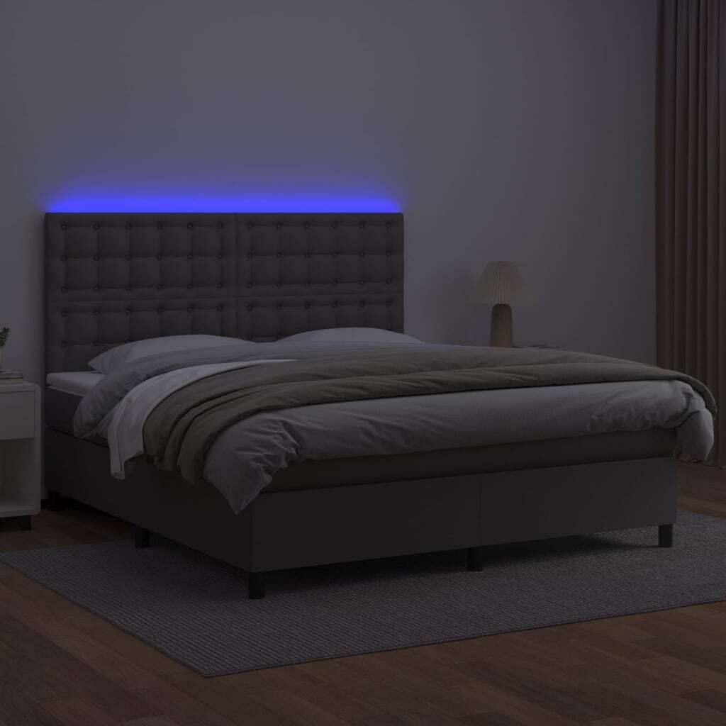 The Living Store Boxspringbett mit Matratze & LED Grau 160x200 cm Kunstleder