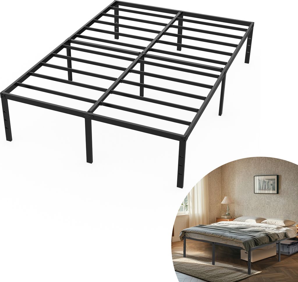A black metal bed frame is shown from a slightly elevated angle against a white background. A smaller inset image shows the bed frame assembled with a mattress and bedding in a bedroom setting.