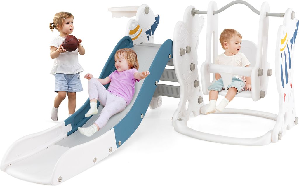 COSTWAY Kinderschaukel mit Rutsche, 4 in 1 Schaukel & Rutsche & Basketballkorb & Leiter, inkl. Ball, Kinder Spielplatz Gartenschaukel Kinderschauke...