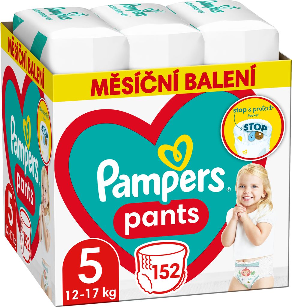 A box of Pampers Pants diapers, featuring a smiling child and product branding.