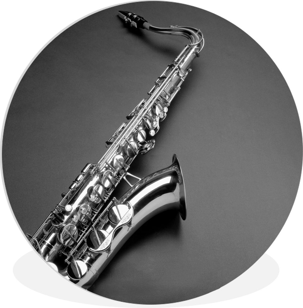 MuchoWow Rundes Wandbild - Runde Bilder Saxophon vor grauem Hintergrund - schwarz und weiß Ø 30 cm Kreis Wanddekoration Kunststoff - Wandkreis ...