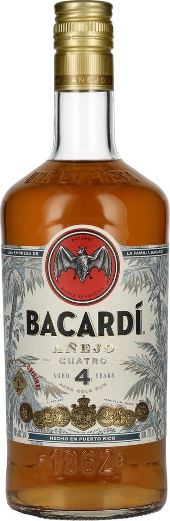 Bacardi 4 Years Old AÑEJO CUATRO Gold Rum 40% Vol. 0,7l Immagine del prodotto 