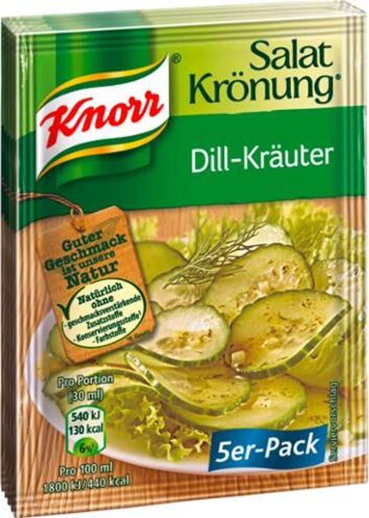 A package of Knorr salad dressing mix with dill and herbs, showing sliced cucumbers and lettuce.
