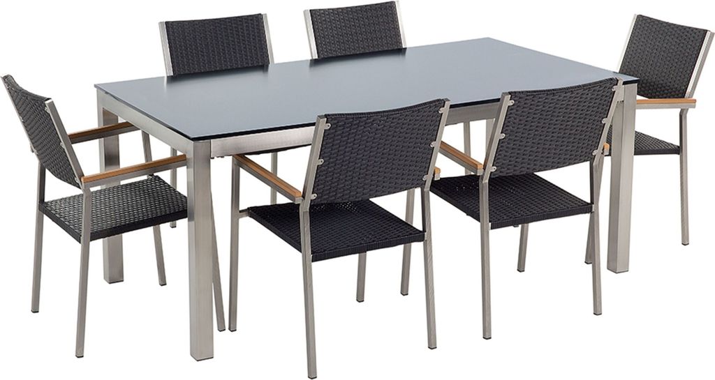 BELIANI Gartenmöbel Set Schwarz Sicherheitsglas Edelstahl Tisch 180 cm 6 Rattanstühle Terrasse Outdoor Modern