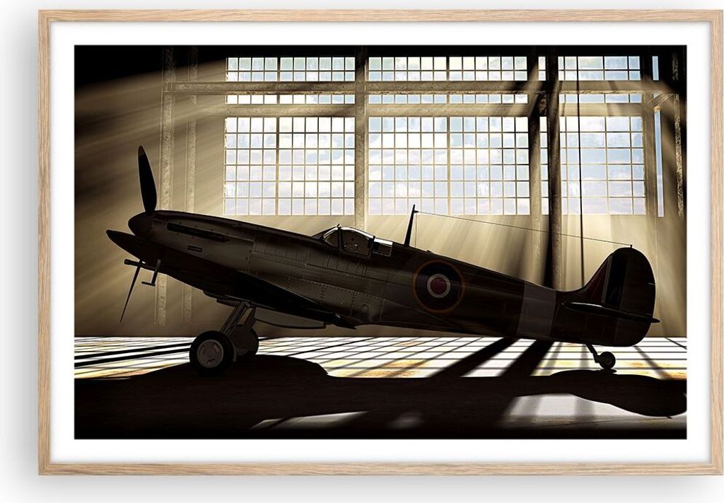 Gerahmtes Poster - Rahmen in heller Eiche - Airplain Hangar Flug historisch - 91,5x61 cm - Wand Bild - Wanddeko - Wandbilder - Wandposter - Bilderr...