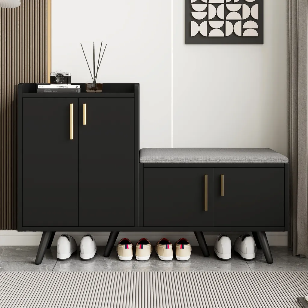 Buffet à chaussures 4 portes noir et noyer avec poignées design