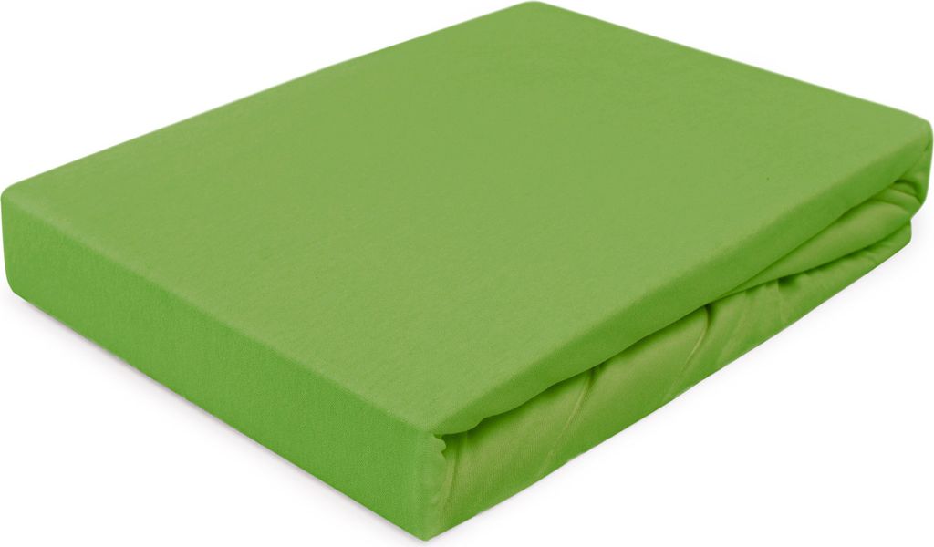 A green fitted sheet is folded and placed on a white background.