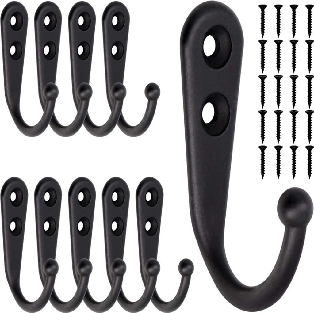 10 Stueck schwarze kleine Haken an der Wand montiert mit 20 Stueck Schrauben zum Aufhaengen von Taschentuechern, Schluesseln, Platz sparen