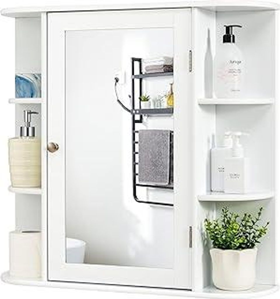 FANTASK Spiegelschrank Bad Holz, Badezimmerschrank mit 4 Fächer & 6 offene Ablagen, Badschrank hängend mit Spiegel, Badezimmer Hängeschrank, 66 ...