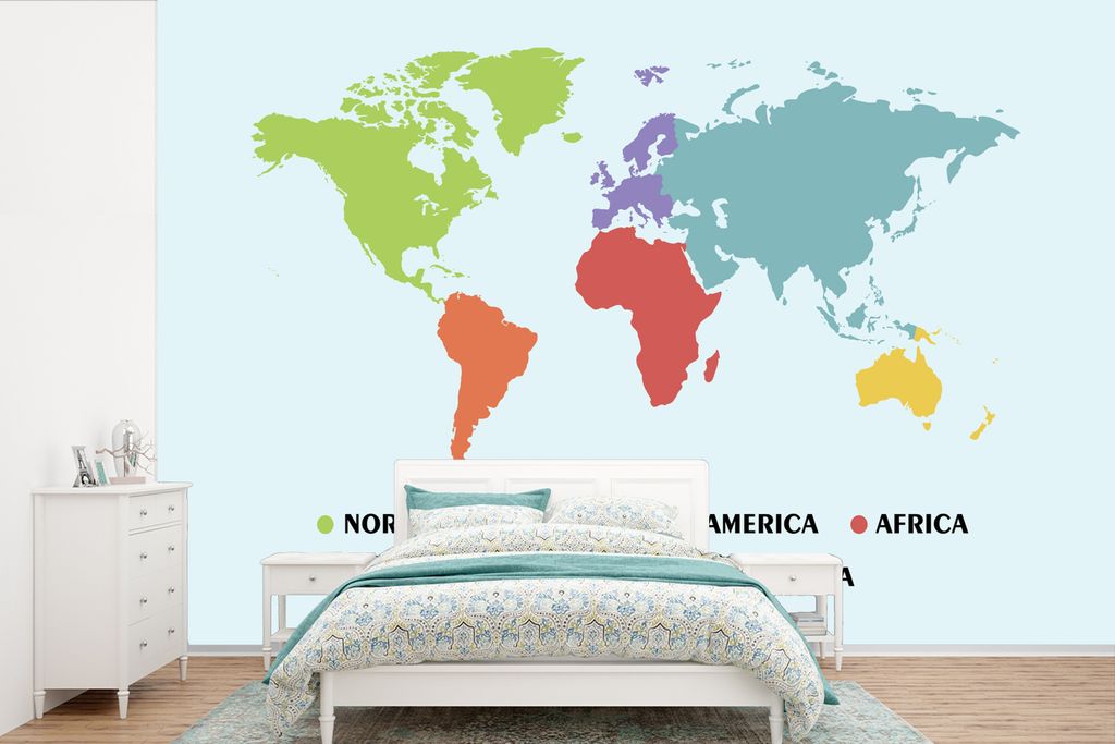 MuchoWow Fototapete für Wohnzimmer oder Schlafzimmer Wandtapete Vinyl Motivtapete Weltkarte Kinder - Trendy - Farben - 600x400 cm - Vinyltapeten