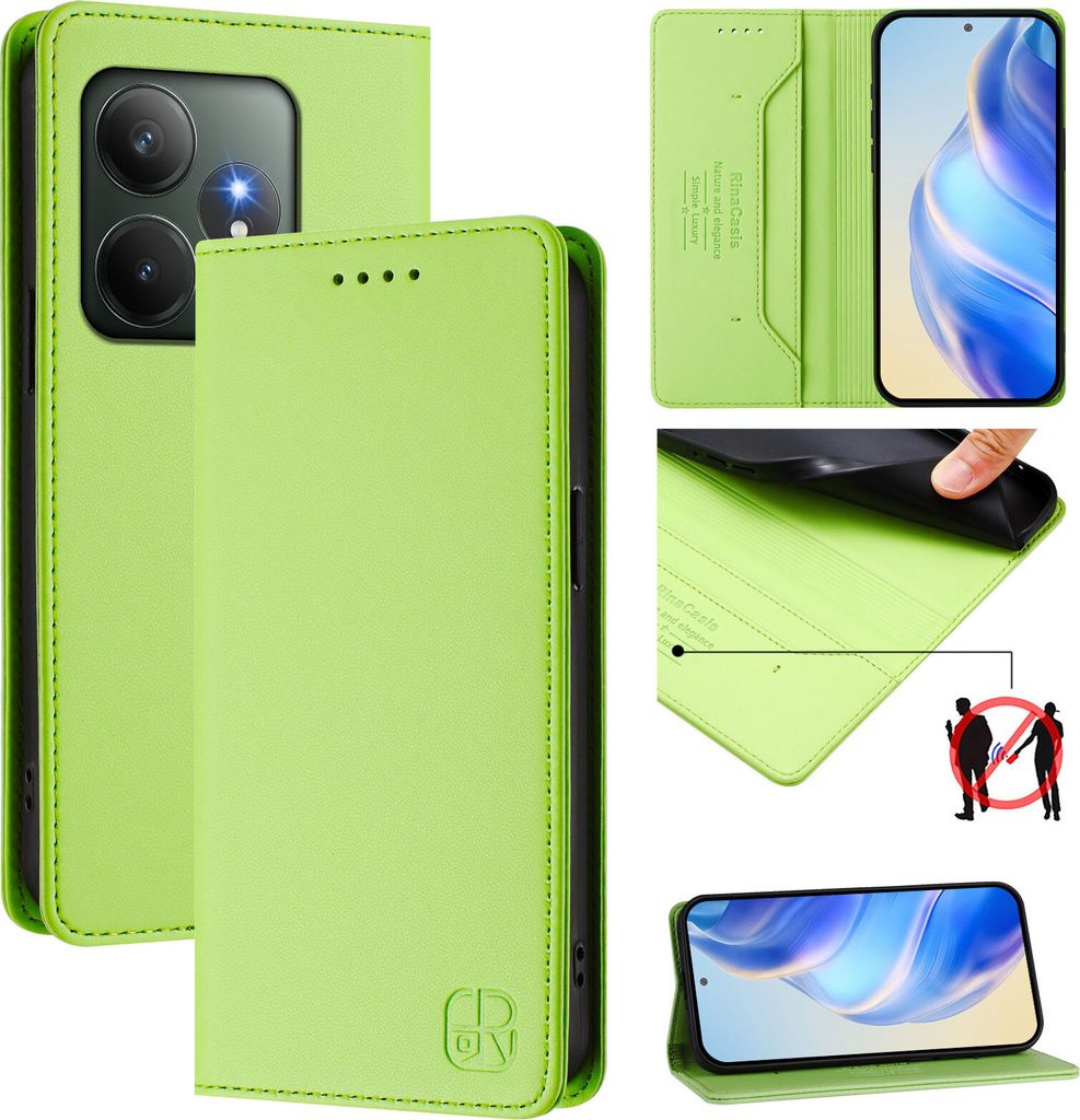 Lederhülle für Realme GT 6/Realme GT 6T Hülle Flip Brieftasche Kartenfächern Ständer Schutzhülle Grün