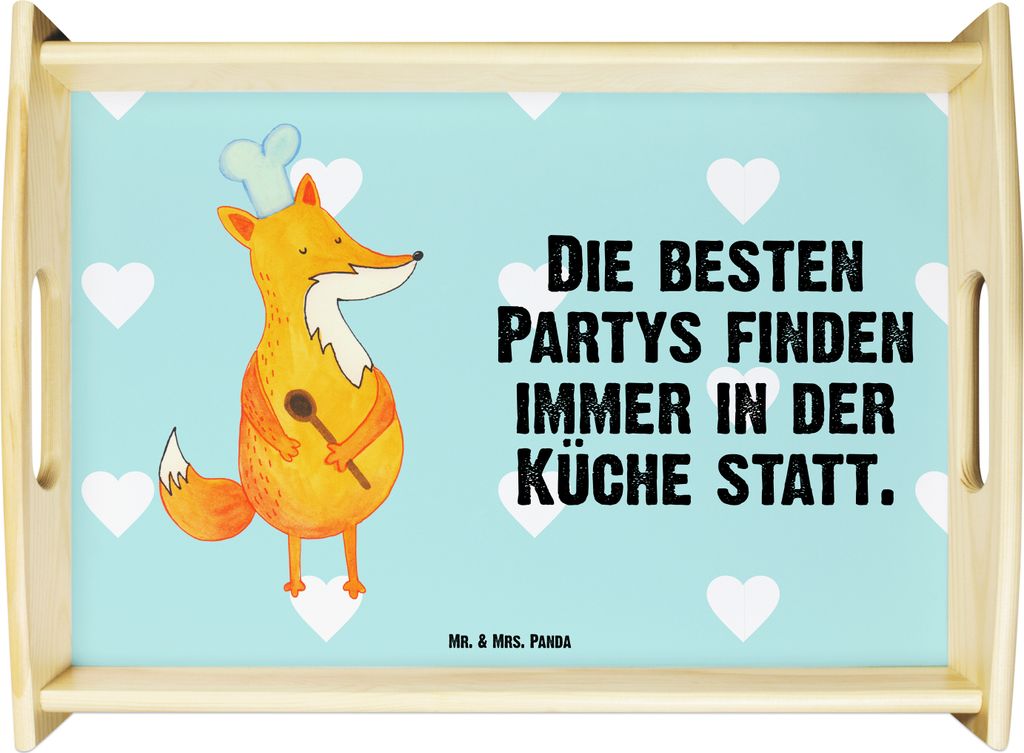 Mr. & Mrs. Panda ablagetablett Fuchs Koch - Türkis Pastell - Geschenk, Serviertablett, Servier Tablett, Dekotablett, aus holz, Geburtstag, Bäcker...