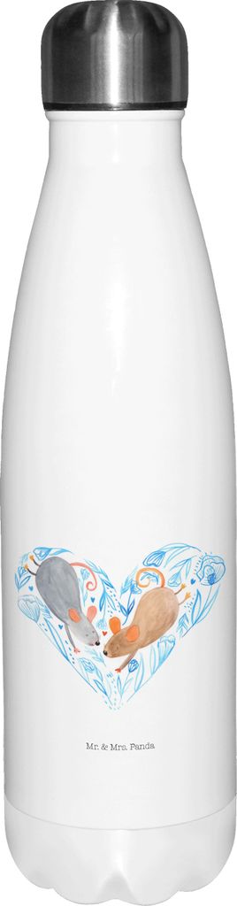 Mr. & Mrs. Panda Wasserflasche Mäuse Herz - Weiß - Geschenk, Liebe, Maus, Hochzeit, flasche aus edelstahl, Trinkflasche, trinkflaschen, für Imme...