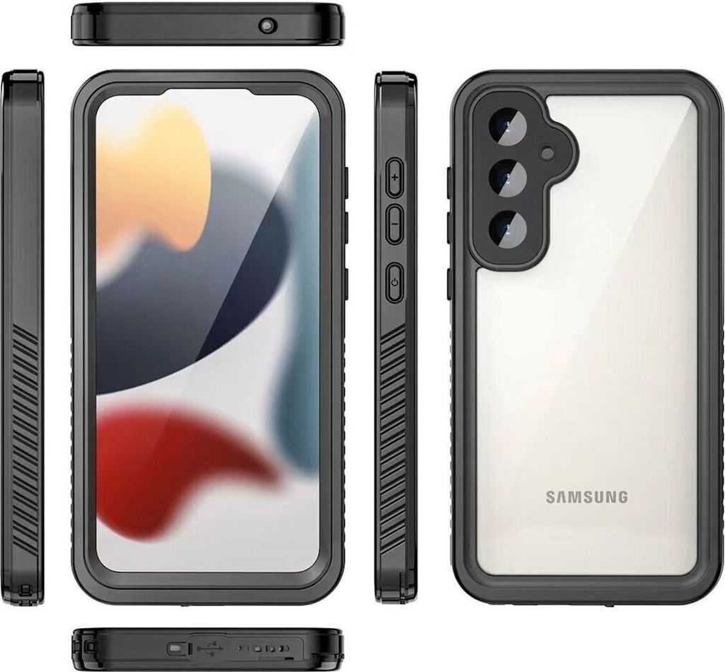 Multiple views of a black protective phone case with a clear back, showing the front, back, and sides.