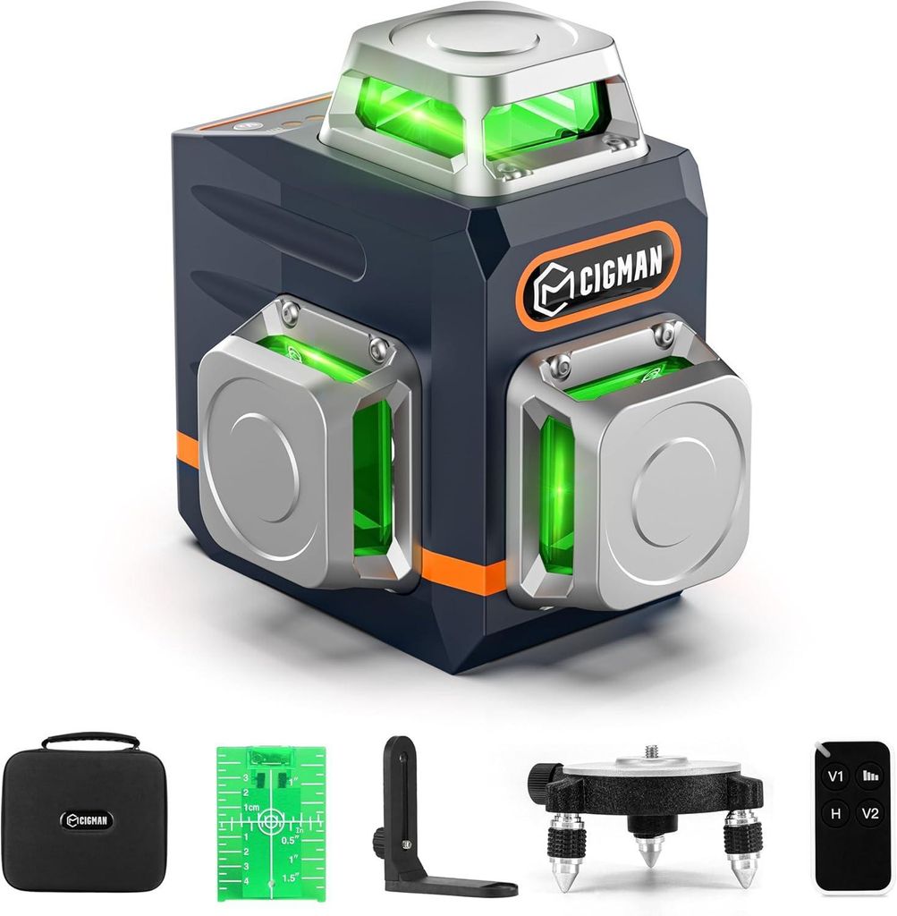 A product shot of a laser leveler and its accessories on a white background.