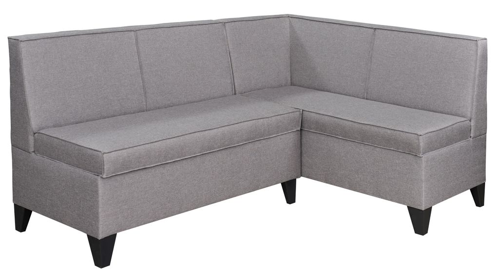 A grey corner sofa with black legs on a white background.