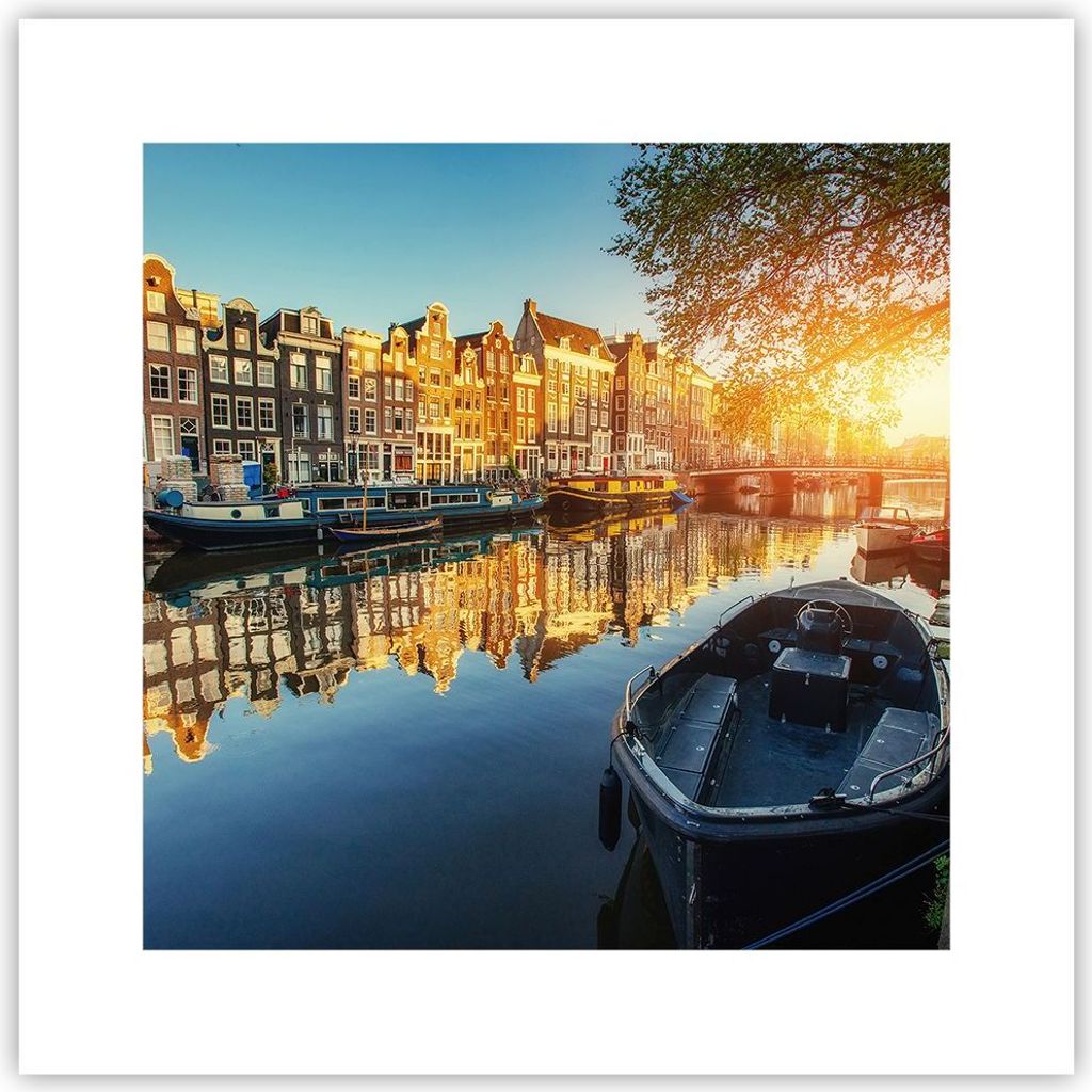 Poster - Poster ohne Rahmen - Kanal Boot Amsterdam Wasser - 30x30 cm - Wand Bild - Wanddeko - Wandbilder - Kunstposter - Wandposter - Bilder - Kuns...