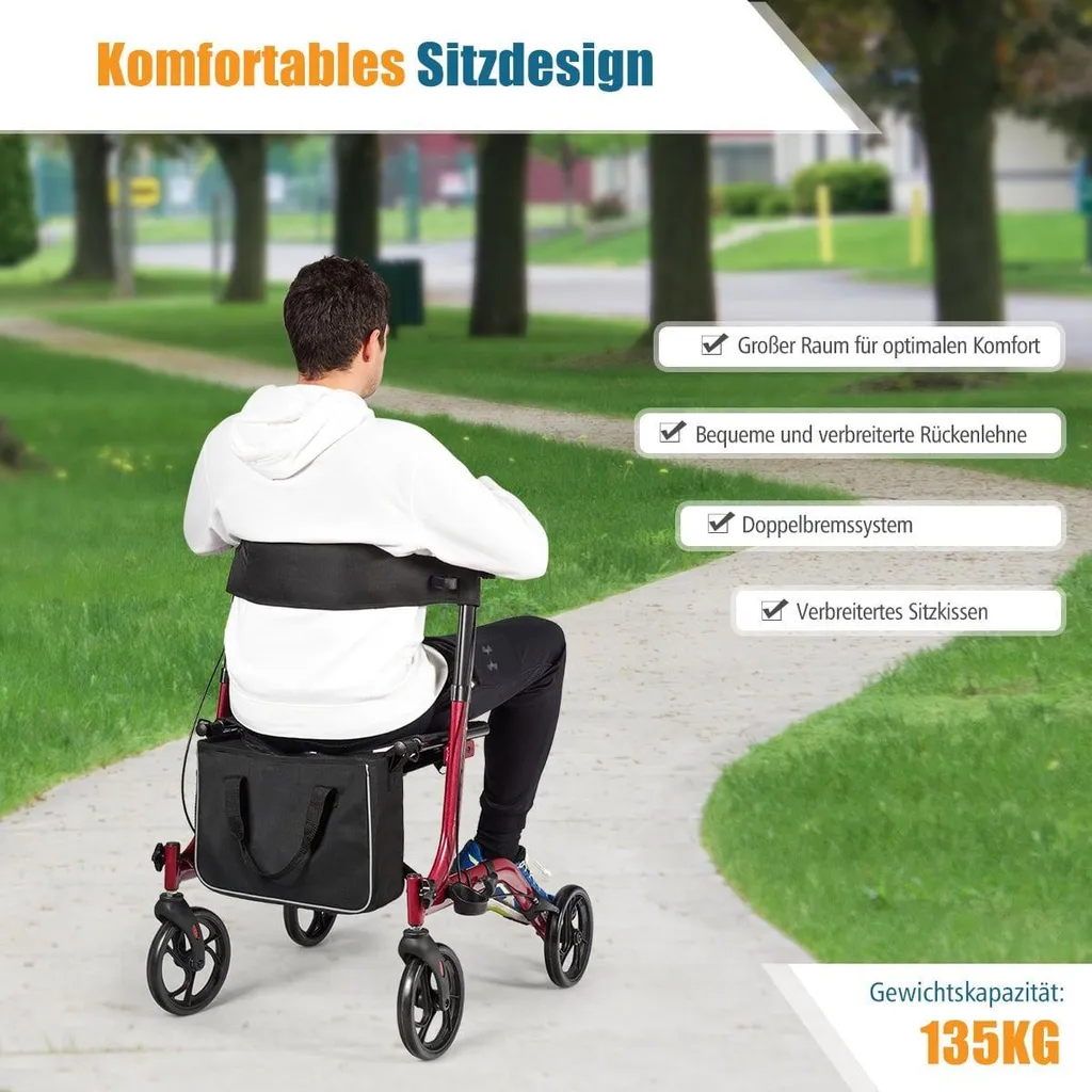 Rollator 4 roues pliable rouge réglable - Aide à la marche ergonomique - 3