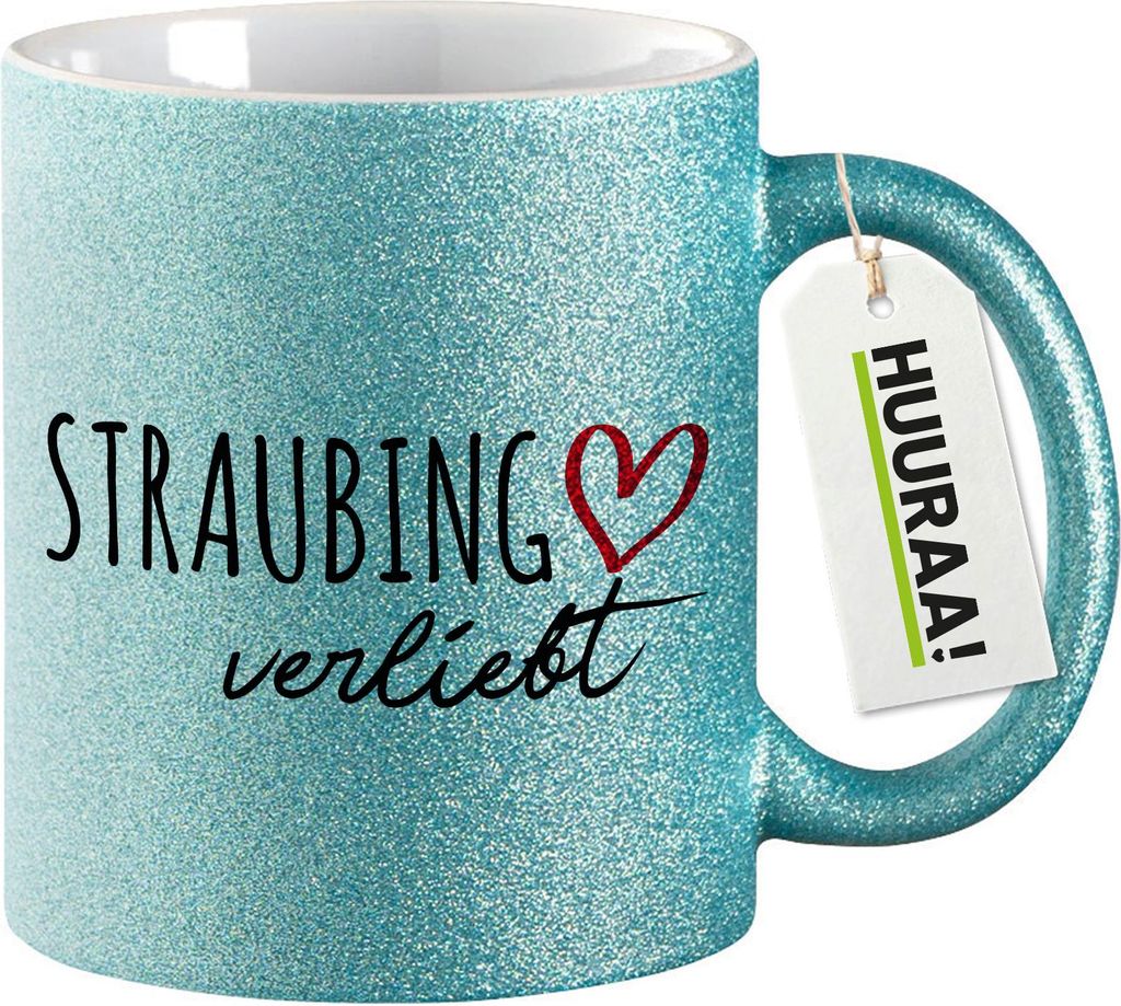 Huuraa Glitzertasse Straubing verliebt 330ml Blau Keramik Kaffeebecher Geschenkidee