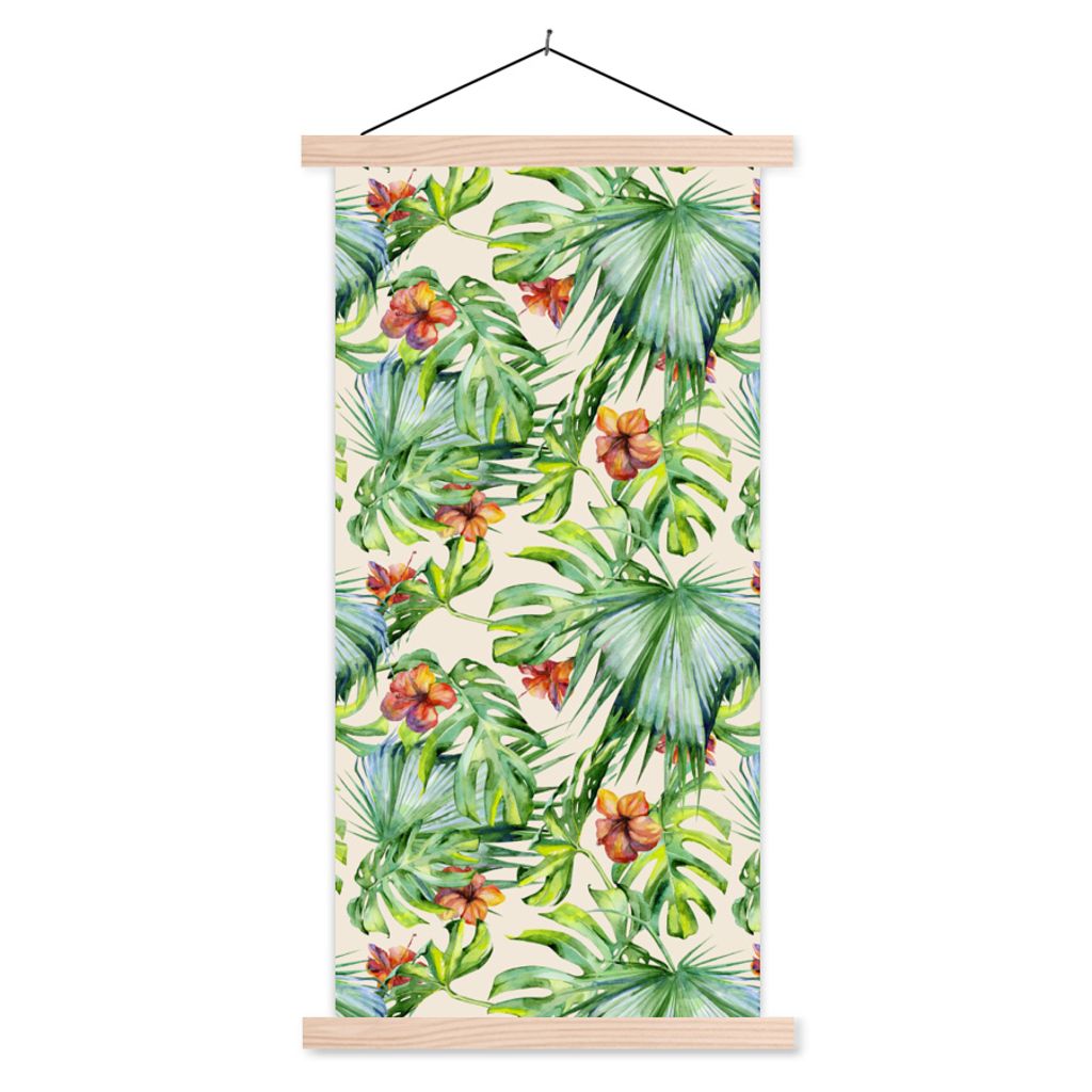 MuchoWow Textilposter Blume - Blatt - Muster 60x120 cm mit holzfarbenen Rahmen - Holz
