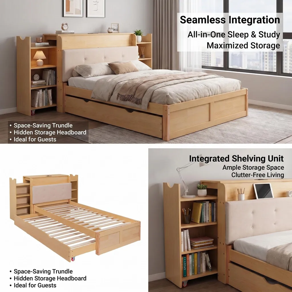 Lit enfant 90x200 cm bois naturel : solution gain de place avec USB - 5