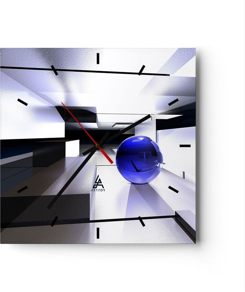 Wanduhr - Quadrat - Glasuhr - Grafik kugel geometrie - 40x40cm - Schleichendes Uhrwerk - Lautlos - zum Aufhängen bereit - Dekoration Modern - Wand...