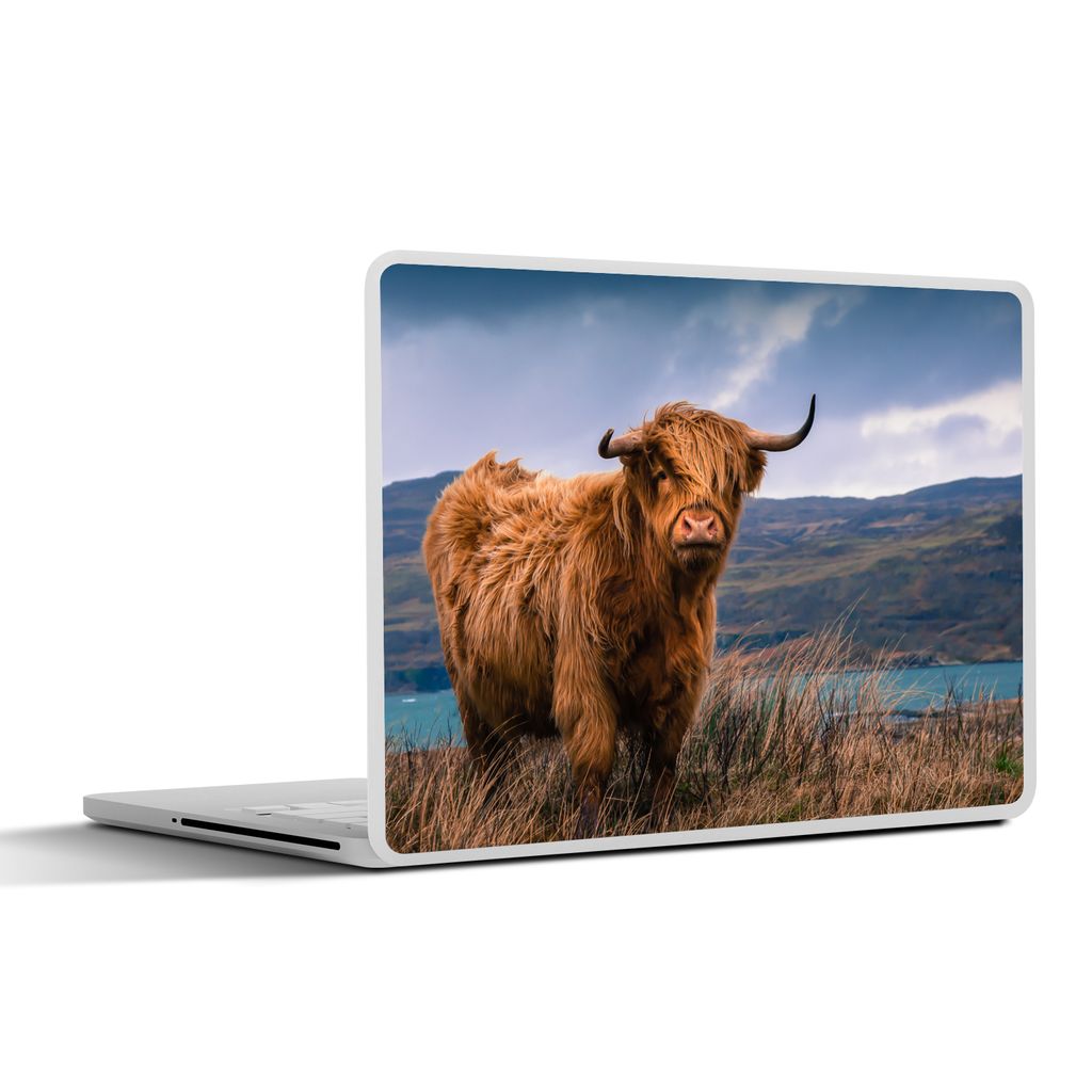 MuchoWow Laptop Aufkleber Sticker Cover Schottischer Highlander - Berg - Wasser - Natur - Kuh 30x22 cm - Laptop-Sticker