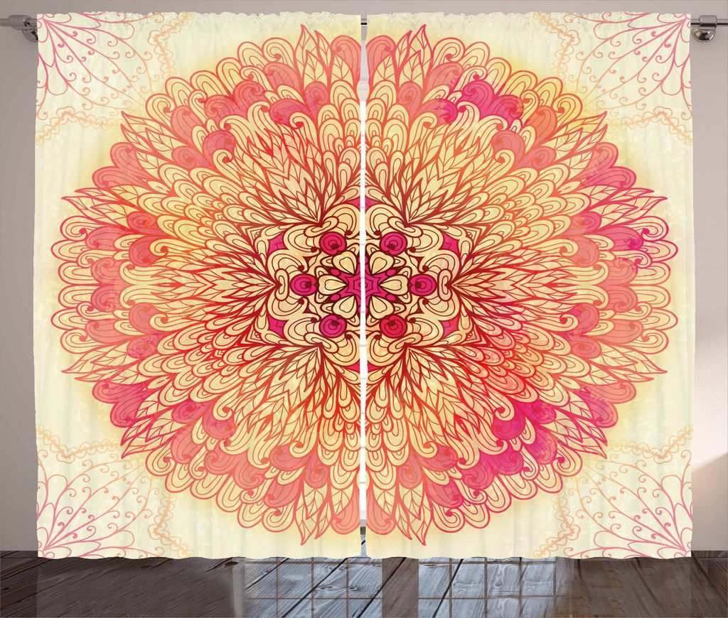 ABAKUHAUS Red Mandala Rustikaler Vorhang, Lively Flora, Wohnzimmer Universalband Gardinen mit Schlaufen und Haken, 280 x 245 cm, Yellow Coral Pink