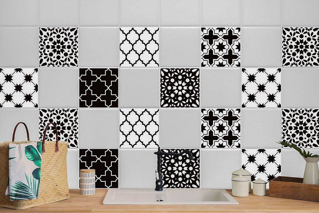 24 Stück Laminierter Sticker Fliesen Für Bad Küche Fließen Klebefolie Schwarz und Weiß 15 x 15 cm