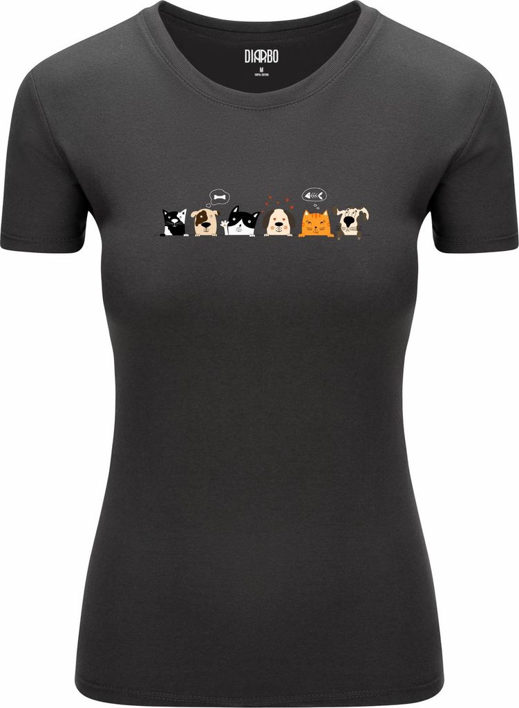 Diarbo Damen T-Shirt mit Tierliebhaber Druck Lustige Katzen und Hunde Dunkelgrau Gr.L