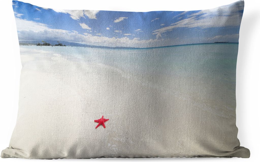 MuchoWow Outdoor Kissen - Seestern - Rot - Sand - 50x30 cm - Wetterfest - Lounge Kissen - Sofa kissen - Wohnzimmer Dekoration