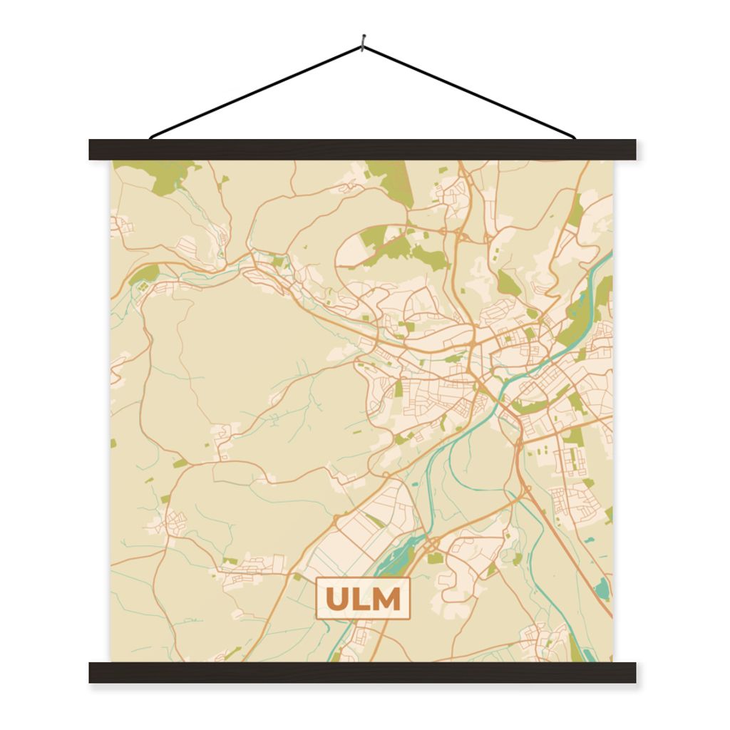 MuchoWow Textilposter Karte - Jahrgang - Ulm - Stadtplan 60x60 cm mit schwarzem Rahmen - Posteraufhänger