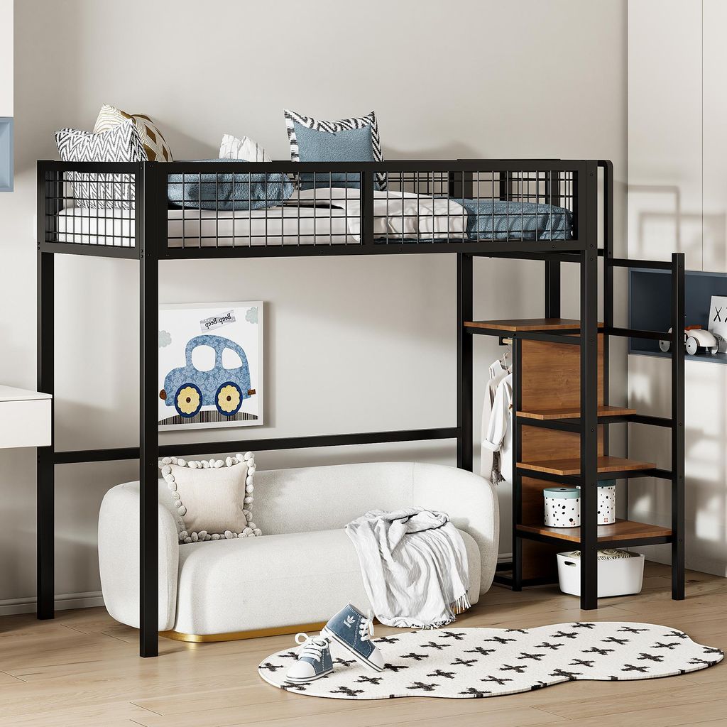 STILVORA 90x200 Hochbett mit Stauraumleiter und Aufbewahrungsregal,Jugendbett mit Kleiderschrank und Geländer,Einzelbett aus Eisen,mit Matratze,Sc...