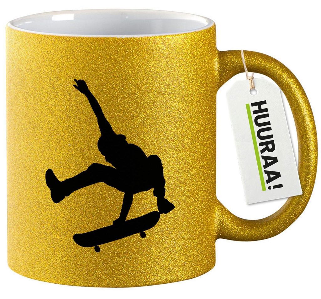 Huuraa Glitzertasse Skateboarden Silhouette 330ml Gold Keramik Kaffeebecher Geschenkidee