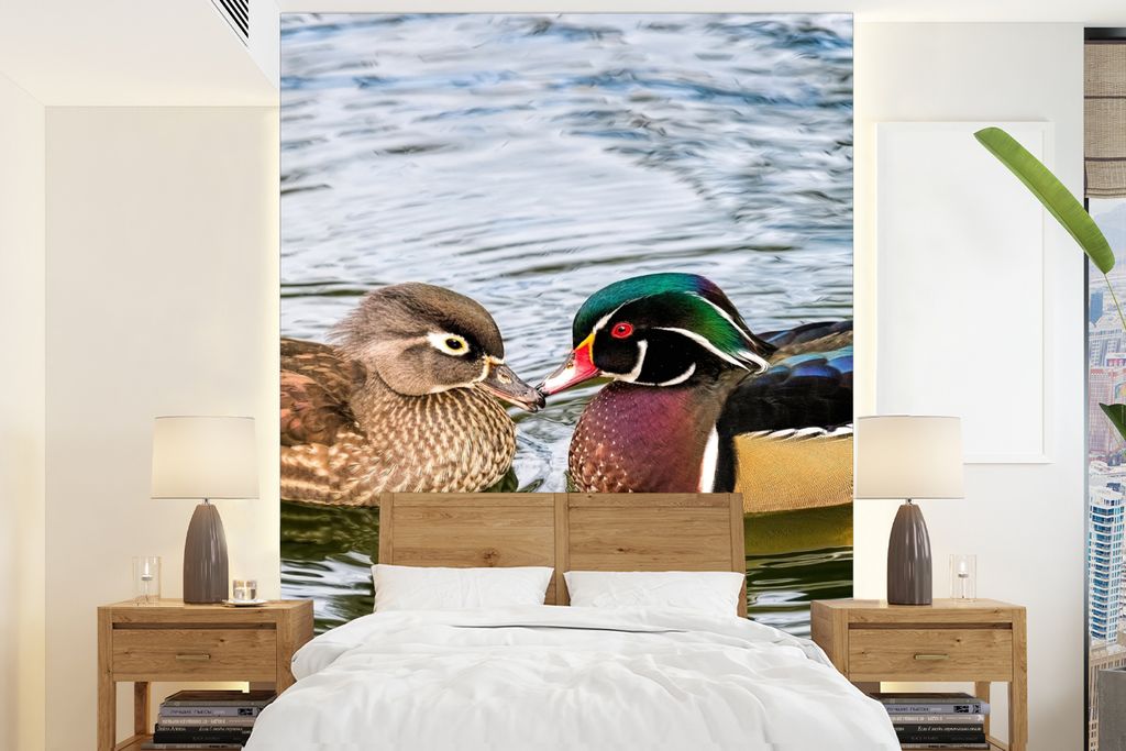 MuchoWow Fototapete für Wohnzimmer oder Schlafzimmer Wandtapete Vinyl Motivtapete Ente - Vögel - Wasser - Federn - Tiere - 205x280 cm - Wandbild
