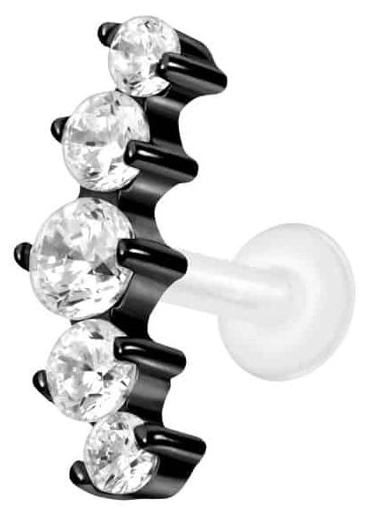 Ohrpiercing, Nasenpiercing PTFE Labret mit Innengewinde + Titan-Aufsatz 5 EINGEFASSTE KRISTALLE Schwarz Stablänge: 9mm | Stabstärke: 1,2mm