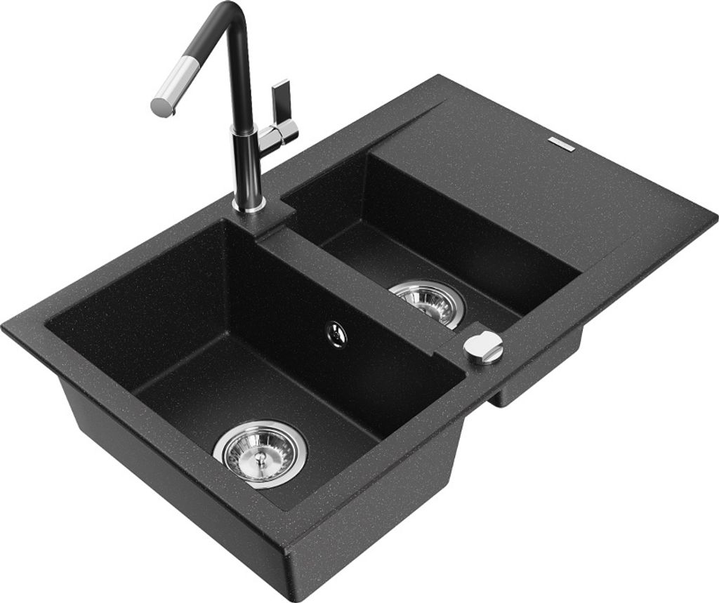 Mexen Gaspar 1,5-Becken-Granitspüle mit Abtropffläche und Mischbatterie Flora, Schwarz/Silber - 6507-73-670401-07